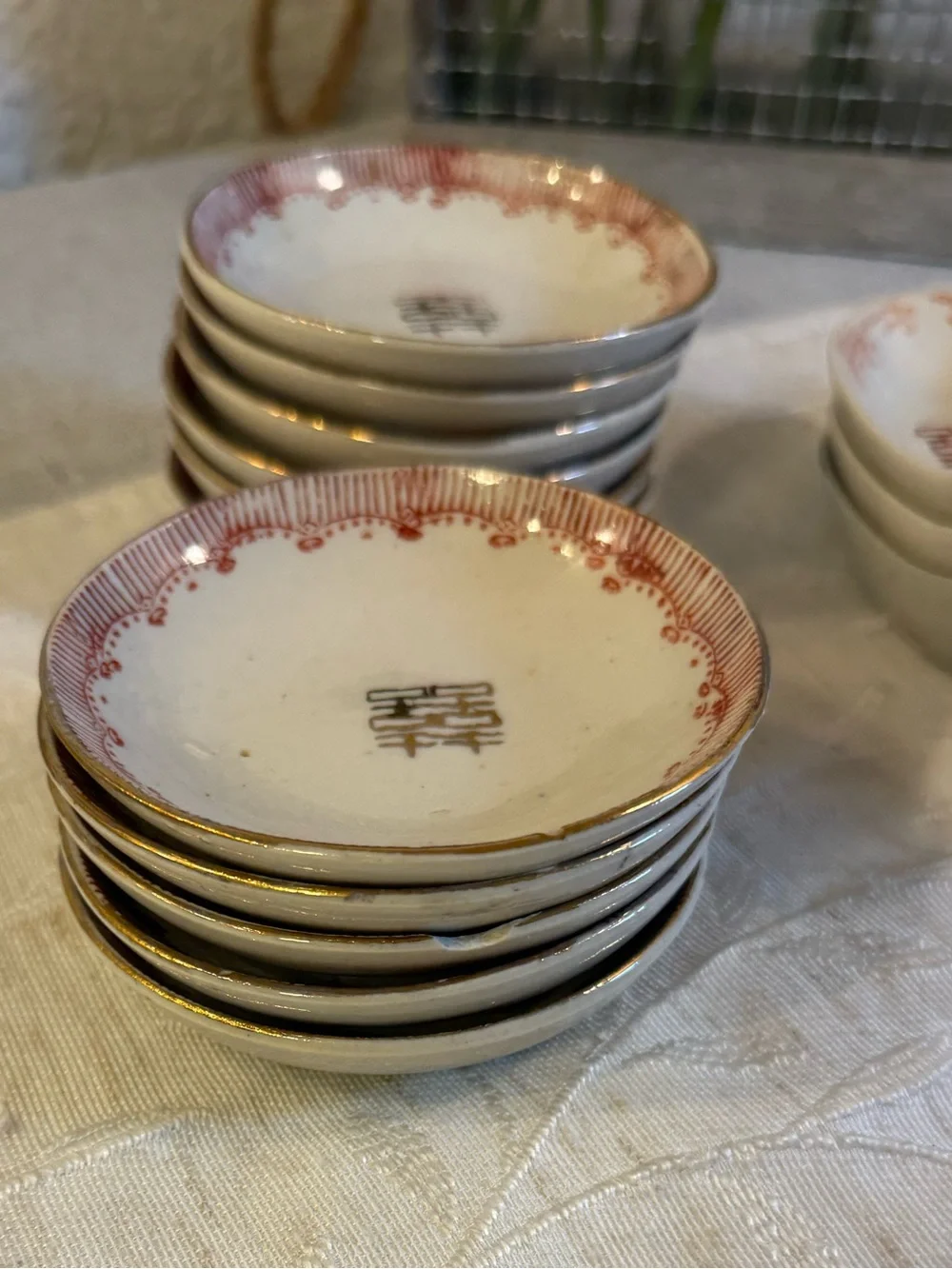 18Pc Vintage Double Happiness Porcelain Set: 11 Sauce Dishes, 7 Dumpling Spoons.